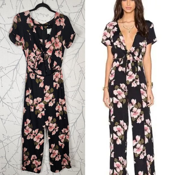 Privacy Please Black Floral Print Tie Front Kyna Jumpsuit Romantic Feminine - Picture 1 of 3